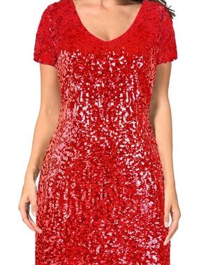 Women's Red Sequin Short Sleeve Dress